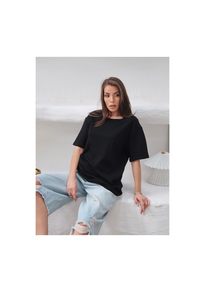 Paw Garage Kadın Mia İnterlok Kumaş Bisiklet Yaka Oversize T-shirt SIYAH