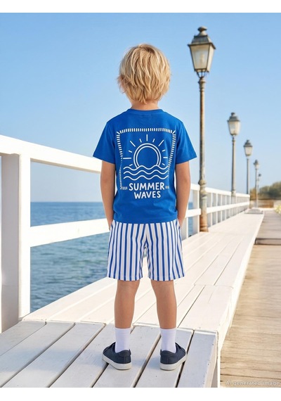 Civil Boys Meet My By The Sea Baskılı 2'li 3-9 Yaş Takım - Mavi Saks Mavisi
