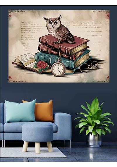 Kitap Üstünde Bilge Baykuş Dekoratif Kanvas - Mdf Ahşap Tablo