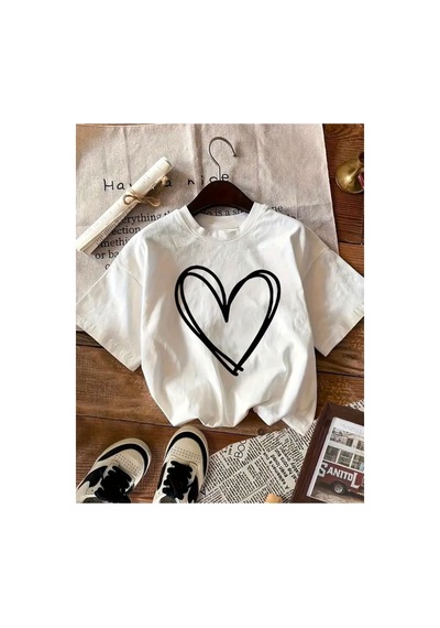 Medinenur Büyük Kalp Baskılı Basic T-shirt Beyaz