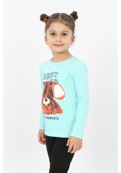 Toontoy Kids Toontoy Kız Çocuk Best Mood Ayıcık Baskılı Tişört Mint Yeşili