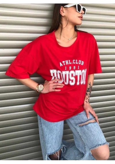 Kozia Outdoors Malkoçbey Houston Baskılı Oversize Unisex Basic T-sihirt Kirmizi