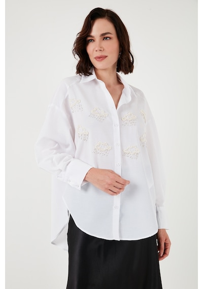 Lela Taş Detaylı Uzun Kollu Regular Fit Bayan Gömlek 611Go00418 Ekru