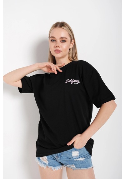 Startmore Kadın Beyaz Oversize California Baskılı T-shirt Siyah