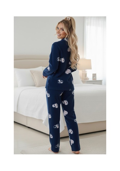 Siyah İnci Düğmeli Polar Kışlık Örme Pijama Takım 25222804 Lacivert