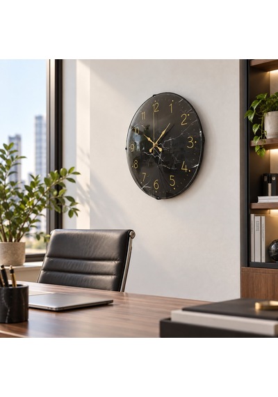 Almira Duvar Saati Siyah Gold Mermer Bombeli Cam Duvar Saati 35 Cm Gold - Siyah