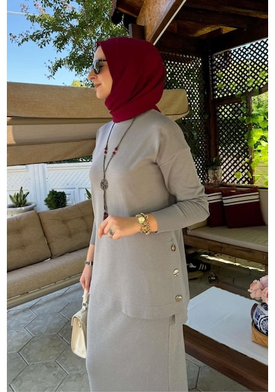 Rabia Şamlı Sezen Triko Takım Gri Çok Renkli