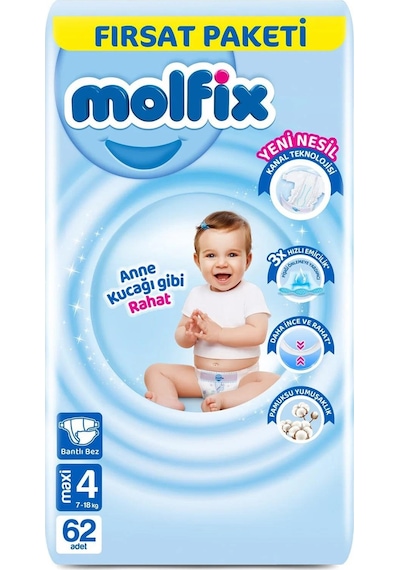 Molfix Bebek Bezi Beden:4 7-14kg Maxi 186 Adet Aylık 4 Numara