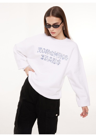 Moschino Jeans Bisiklet Yaka Baskılı Beyaz Kadın Sweatshırt A1703