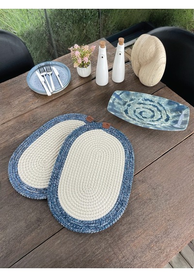 Bohem Tarz 2 Li Doğal İp Amerikan Servis Hasır Görünümlü, Leke Tutmaz, Mavi/beyaz 40x28 Cm Beyaz/mavi