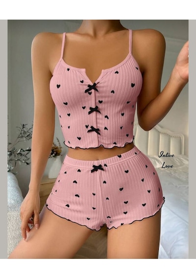 Intive Comfort Kalp Desenli V Yaka İnce Askılı Mini Şortlu Büstiy Pembe
