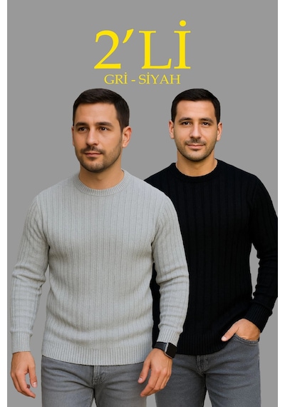 Assema Erkek Fitilli Triko Kazak 2 Li Set Siyah Gri Kalın Dokuma Pamuklu Regular Fit Bisiklet Çok Renkli