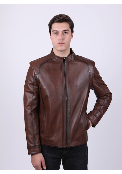 New Zaya Leather Erkek Açık Kahverengi Hakiki Deri Ceket-Altın (466895350) Altın