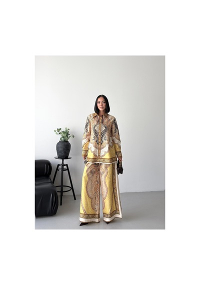 Wellway İthal Chokellaa Kumaş Çiçekli Tunik Gömlek & Pantolon 2li Takım-sarı -26107 Sarı