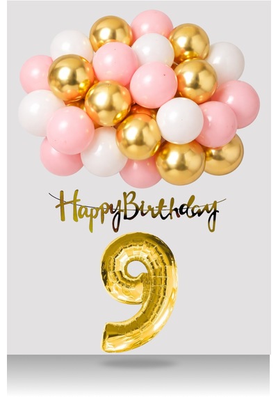 9 Yaş Retro Gold Pembe Beyaz Balon Happy Birthday Banner Gold Rakam Doğum Günü Süsü Çok Renkli