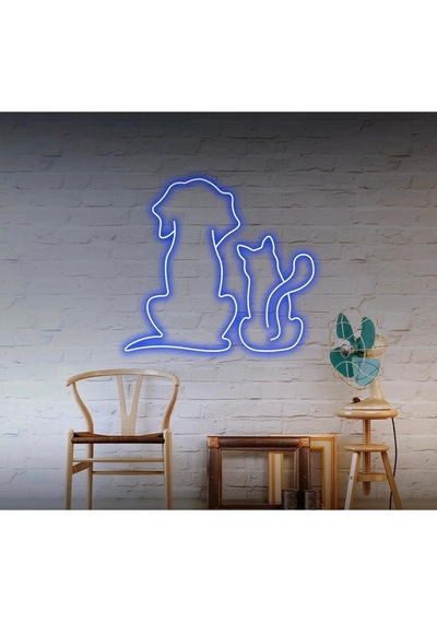 Kedi Ve Köpek Figürlü Neon Tabela Mavi