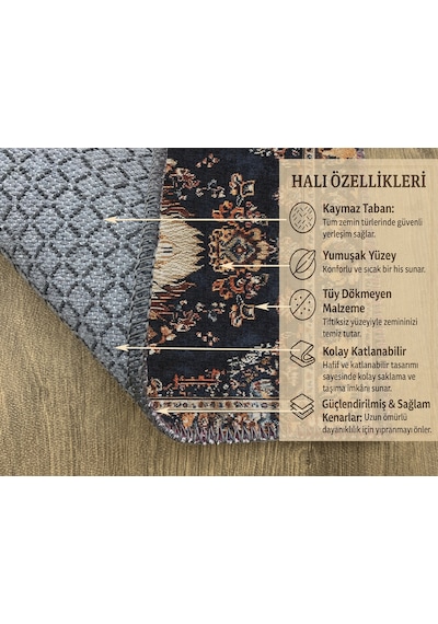 Turkıshrug Kıngdom Lacivert Bohem Halı, Hayvan Figürleriyle Dekoratif, Kaymaz Tabanlı Kilim Çok Renkli