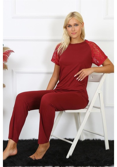 Akbeniz Kadın Kolu Dantelli Penye Pijama Takım 4152 - S Bordo