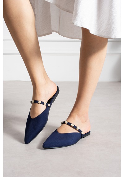 Lorenn Shoes Pearl Lacivert Mat Saten İnci Detaylı Kadın Terlik