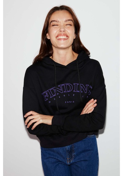 Ethıquet Sydney Kadın İçi Polarlı Önü Nakışlı Regular Fit Kapüşonlu Siyah Sweatshirt