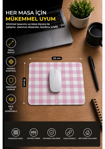 Pembe Ekose Pötikare Desenli Ergonomik Mouse Pad Kaymaz Taban Ev Ve Ofis Kullanımı Mousepad