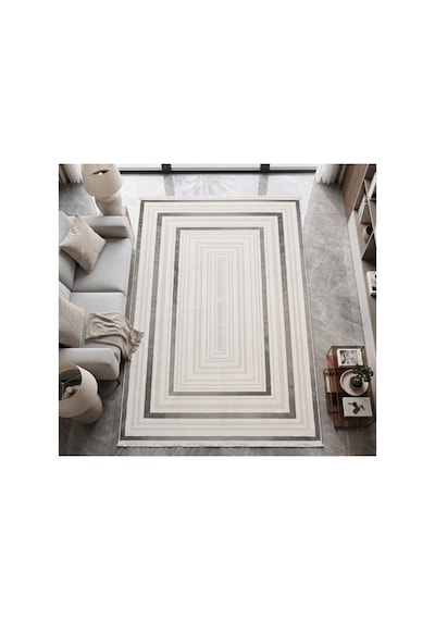 Merinos Vista Beyaz Renk Gri Çok Çerçeveli %100 Akrilik Yumuşak Dokulu Salon Oturma Odası Halısı 76591-95