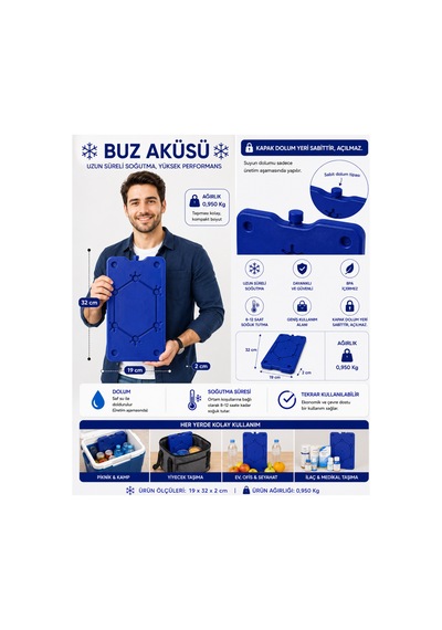 32 Lt Buzluk Termos + 2 Adet K 950 Buz Aküsü-359 Mavi