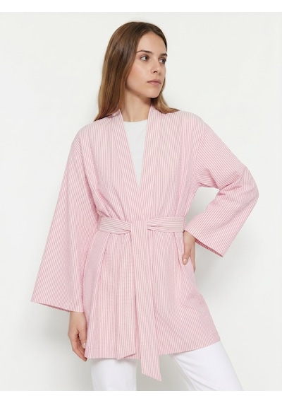 Saade Sââde Kadın Dikey Çizgili Geniş Kollu Şık Yazlık Relaxed Kimono Pembe