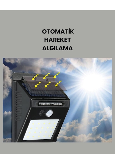 Sensörlü 20 Led Solar Duvar Lambası 3 Metre Algılama Mesafesi Siyah