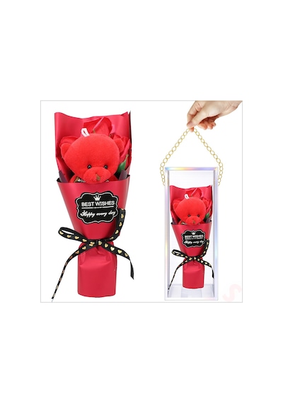 Pvc Kutulu,pelüş Ayıcıklı Yapay Güllü Mini Çiçek Buketi 26cmx8,5cm Renkli