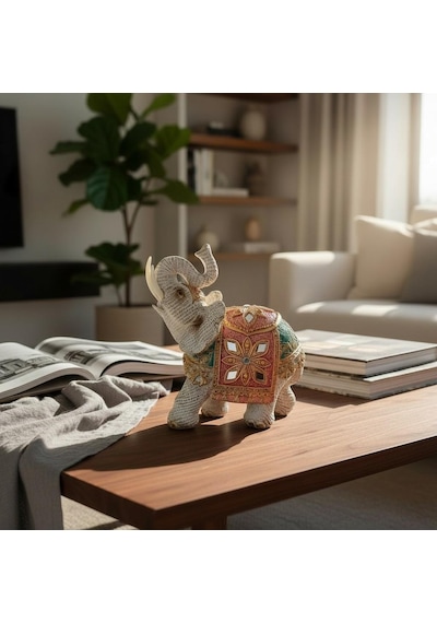 Lüks Nakış & Ayna İşlemeli Feng Shui Şans Getiren Fil Heykeli Dekoratif Biblo 13 Cm Ev Ofis Hediyesi