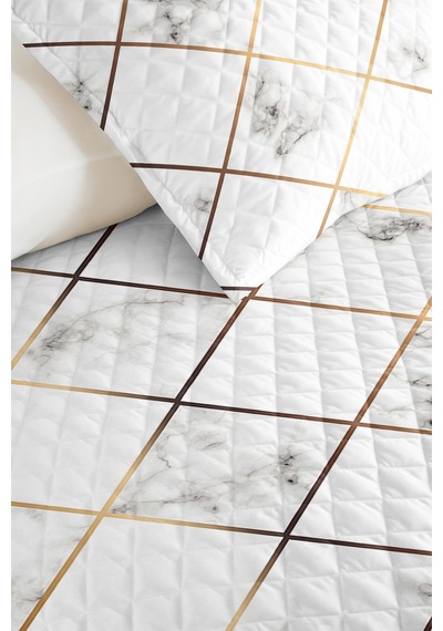 Mermer Geometrik Genç Odası Tek Kişilik Pike Takımı-gold Gri Modern 160x220 Cm Kapitone Yatak Örtüsü Dumanlı Saten İzi
