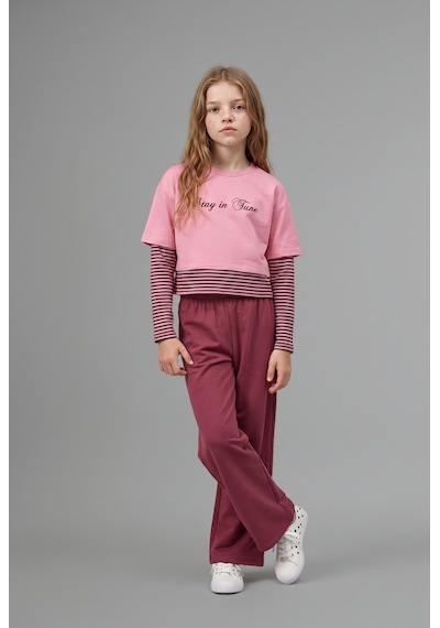 Defacto Baskılı Katmanlı Görünümlü Sweatshirt Üst Geniş Paça Alt 2li Takım Kız Çocuk I7951a826aupn181 Pembe-pn181