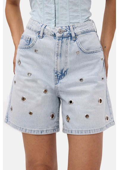 Itsbasic Kadın Kot Rengi 4s6-3 Relax Mom Kuş Gözü Detaylı Tasarım Denim Şort