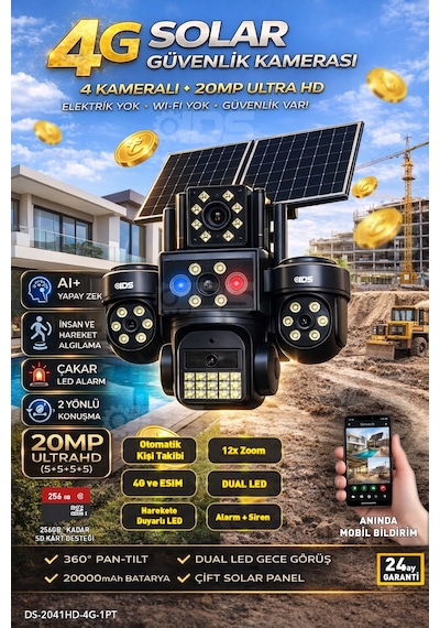 20mp Ultra Hd 4 Lens Tam Kontrol Güneş Enerjili Kamera Sim Kartlı Dual Led 12xzoom Çakar Led Siren