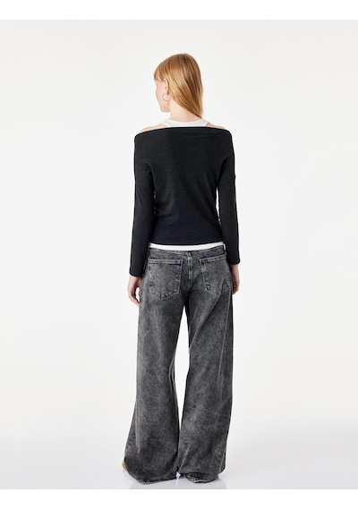 Koton Slim Fit Asimetrik Yaka Katmanlı Uzun Kollu Tişört Antrasit 7wal10328ık