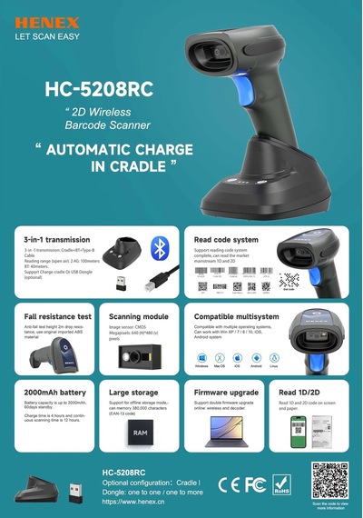 Henex Hc5208rc 2d Kablosuz Barkod Okuyucu 1.0mp + 2.4g + Cardle Bt Hıd + Ble + 3 In 1 + Usb Dongle