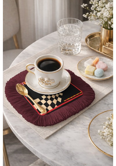 Lüks Modern Sanat Saçaklı Dekor Peçetesi-çarpıcı Siyah Bohem Bordo Saçak Bardak Altlığı Mendil Mat Adaçayı Camel