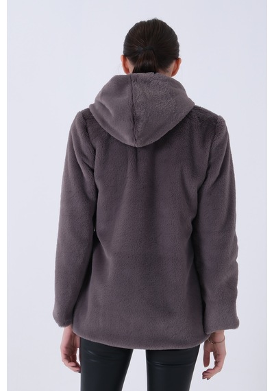 Feminist Gri Fermuarlı Oversize Kapüşonlu Çift Cepli Peluş Mont 0108078.06 Gri