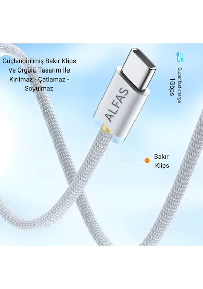 Type-c Şarj Kablosu 1m Pd 60w 3a 1gbps Hızlı Şarj & Data Transfer Usb-c Apple iPhone Uyumlu Android Örgülü Kablo