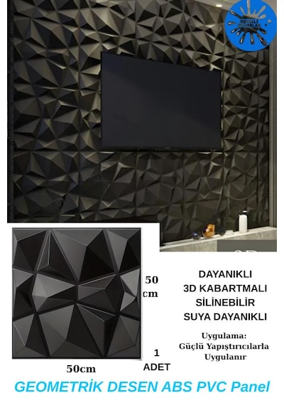 50cm X 50cm 1 Adet 3d Abs Malzeme Pvc Dayanıklı Duvar Paneli Silinebilir Geometrik Model Panel Siyah