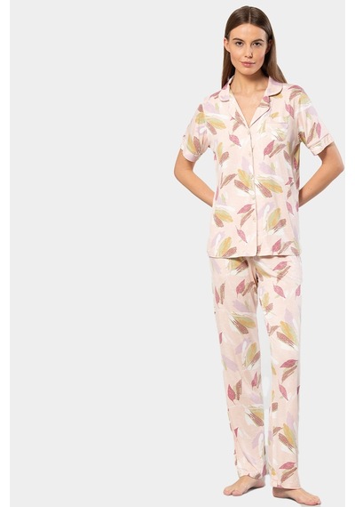 Türen Yaprak Desenli Kısa Kollu Gömlek Yaka Pijama Takımı 3355/pudra 001