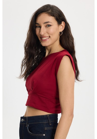 Tudors Kadın Slim Fit %100 Pamuk Pileli Yumuşak Doku Bordo Bisiklet Yaka Crop Bluz-50395