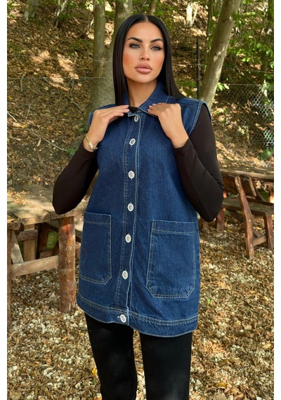 WeShaya Mavi Denim Kolsuz, Düğmeli, Geniş Cepli Uzun Kot Yelek Mavi