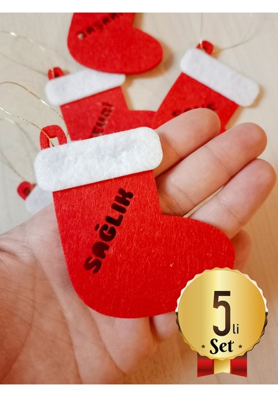 Yılbaşı Keçe Çizme Süs Seti 5 Adet Dilek Temalı Noel Ağaç Süsü