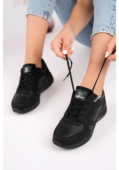 Muggo Asel Garantili Kadın Ortopedik Günlük Bağcıklı Yandan Fermuarlı Rahat Sneaker Spor Ayakkabı Siyah