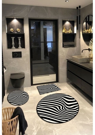 Zebra, Kaymaz,Organik Pamuk Taban Banyo Halısı-100X100 - 60X60 - 40X60 Cm (3'Lü Set) Çok Renkli