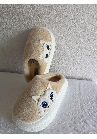 Kadın Kedili Peluş Rahat Ev Terliği 25bnt133 Bej