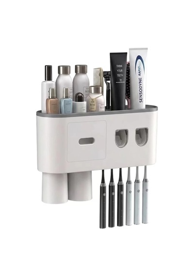 Northcity Çift Dispenserli Banyo Organizer - Diş Fırçası Tutucu Raflı Çekmeceli Beyaz