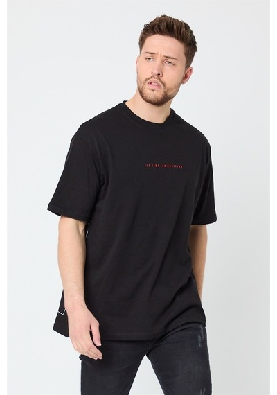 Comeor Erkek Siyah Baskılı Basic Oversize Bisiklet Yaka T Shirt Siyah